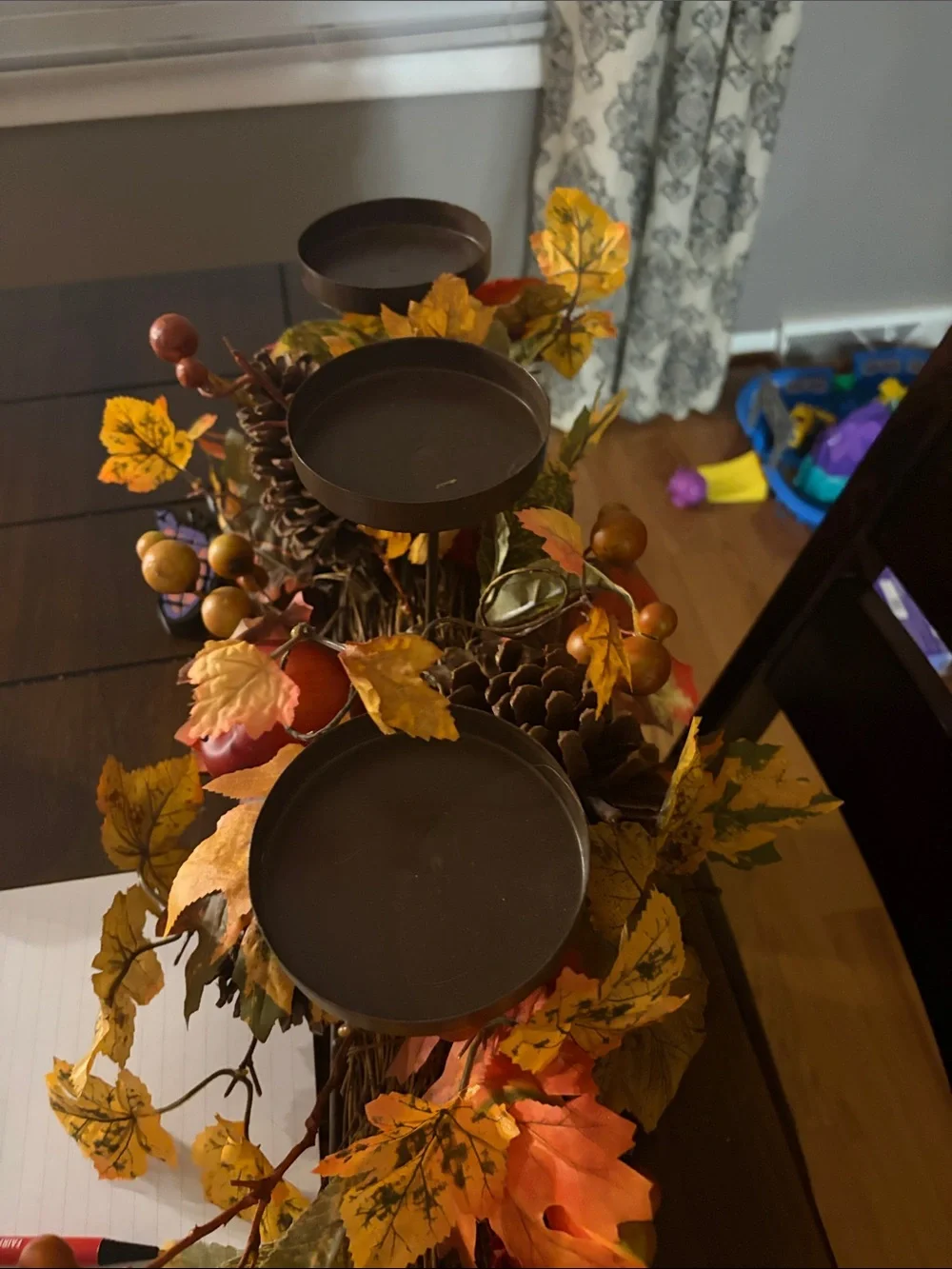 Autumn Harvest Faux Foliage Candle Centerpiece - Brown